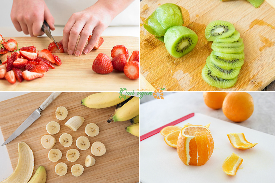 Cắt nhỏ các loại trái cây bao gồm dâu tây, kiwi, chuối và cam