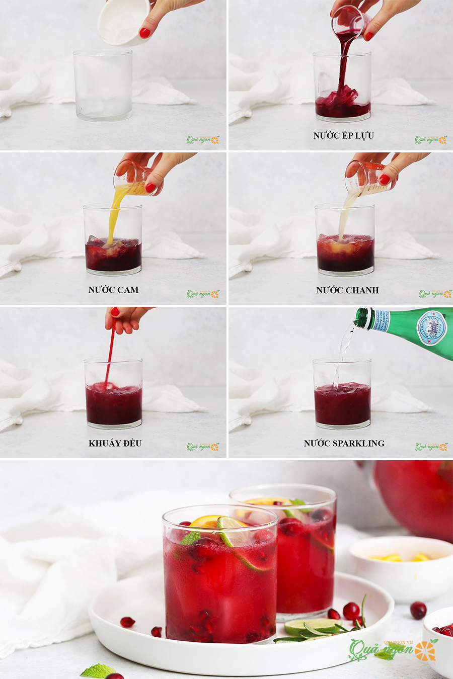 Cách pha chế Mocktail lựu cam chanh với nước Sparkling